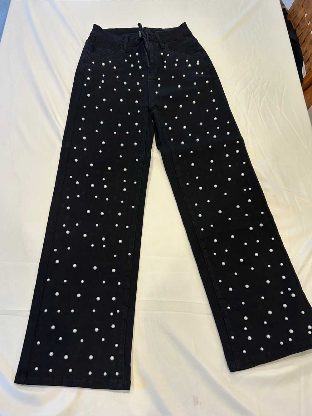 Black Wide-Leg Jeans with White Pearl Studs
